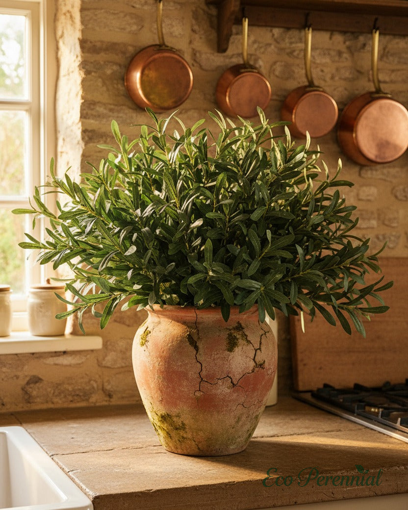 Eco Perennial faux olive branches with grey-green elongated leaves in a tall clear glass vase on a white marble kitchen island with cream shaker cabinets