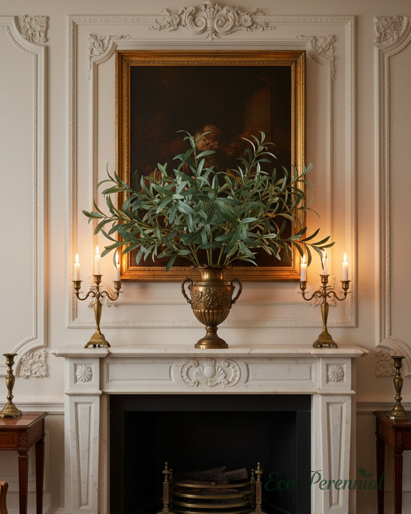 Eco Perennial faux olive branches with lush green foliage in a large white ceramic urn on a wooden console table in a grand British hallway with checkerboard marble floor