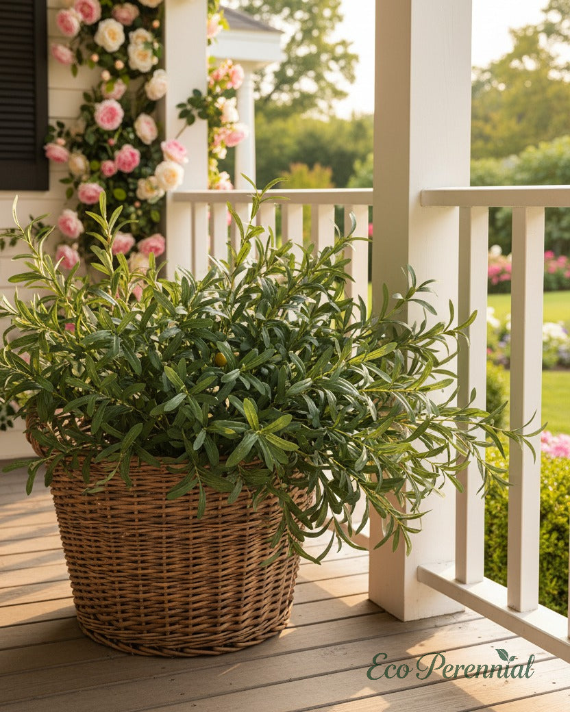 Eco Perennial faux olive branches with lush grey-green leaves in a tall vase styled in an English country interior