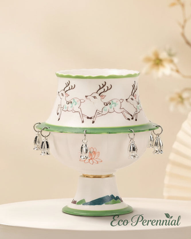 Eco Perennial interactive pedestal teacup resting on a wooden table