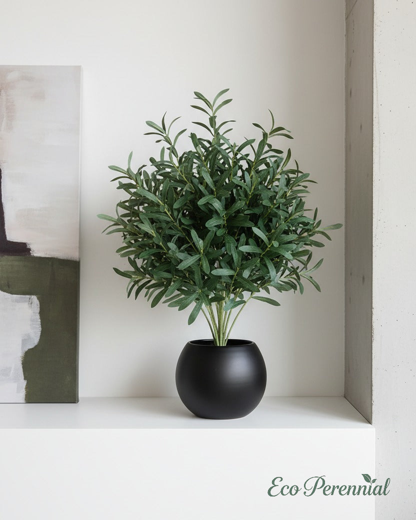 Eco Perennial tall artificial olive branch stems in a white ceramic vase beside a sunlit cottage window