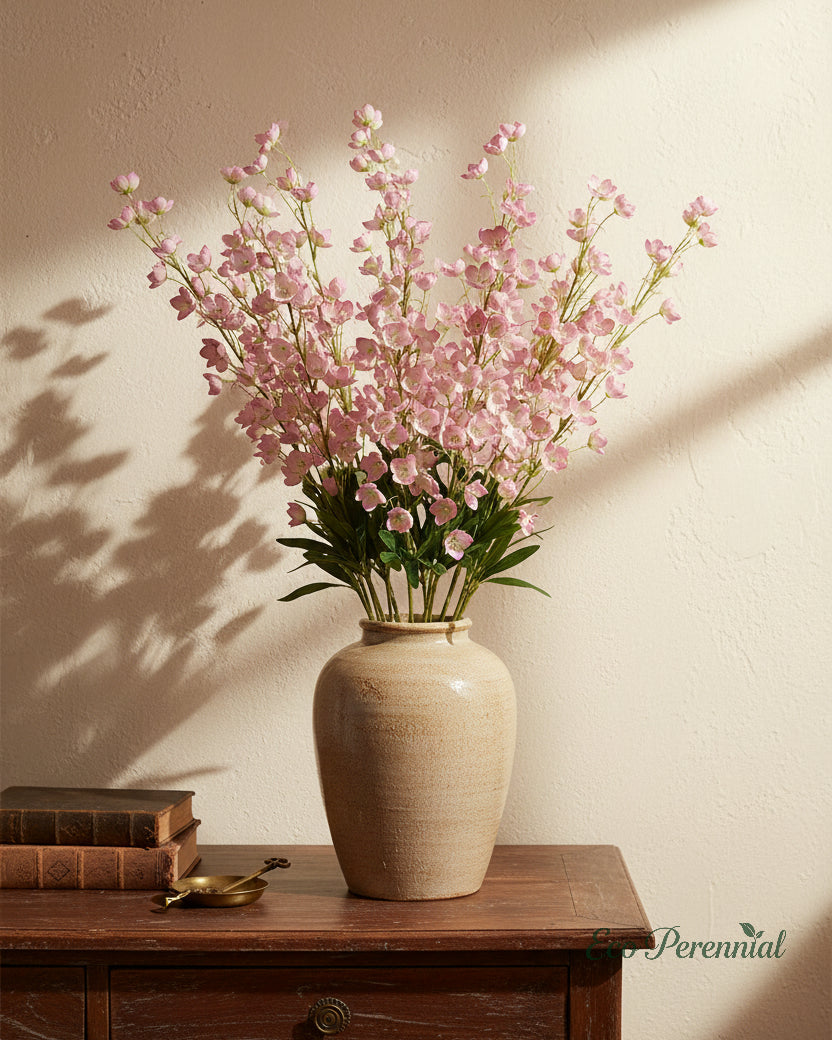 Eco Perennial tall blush lilac artificial bell flower arrangement on entryway credenza
