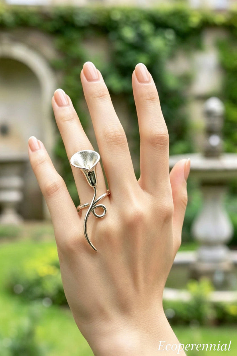 "Linear Muse" Elongated Calla Lily Ring | Bespoke Solid S925 Sterling Silver | Ring | Eco Perennial