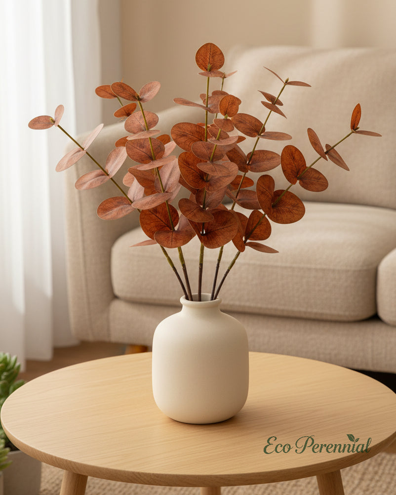 Faux eucalyptus greenery decorating a modern living space - Eco Perennial