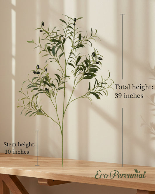 Faux olive branch styled on a tranquil living room coffee table