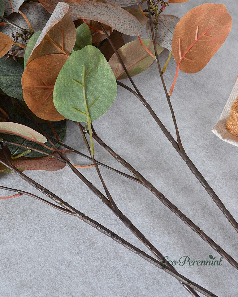 Faux seeded eucalyptus stem displayed in warm neutral lighting - Eco Perennial