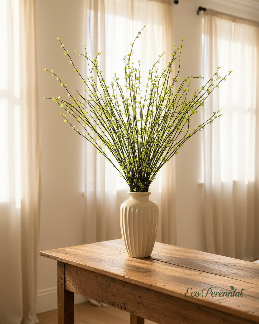 Faux snow willow branch styled with neutral home decor