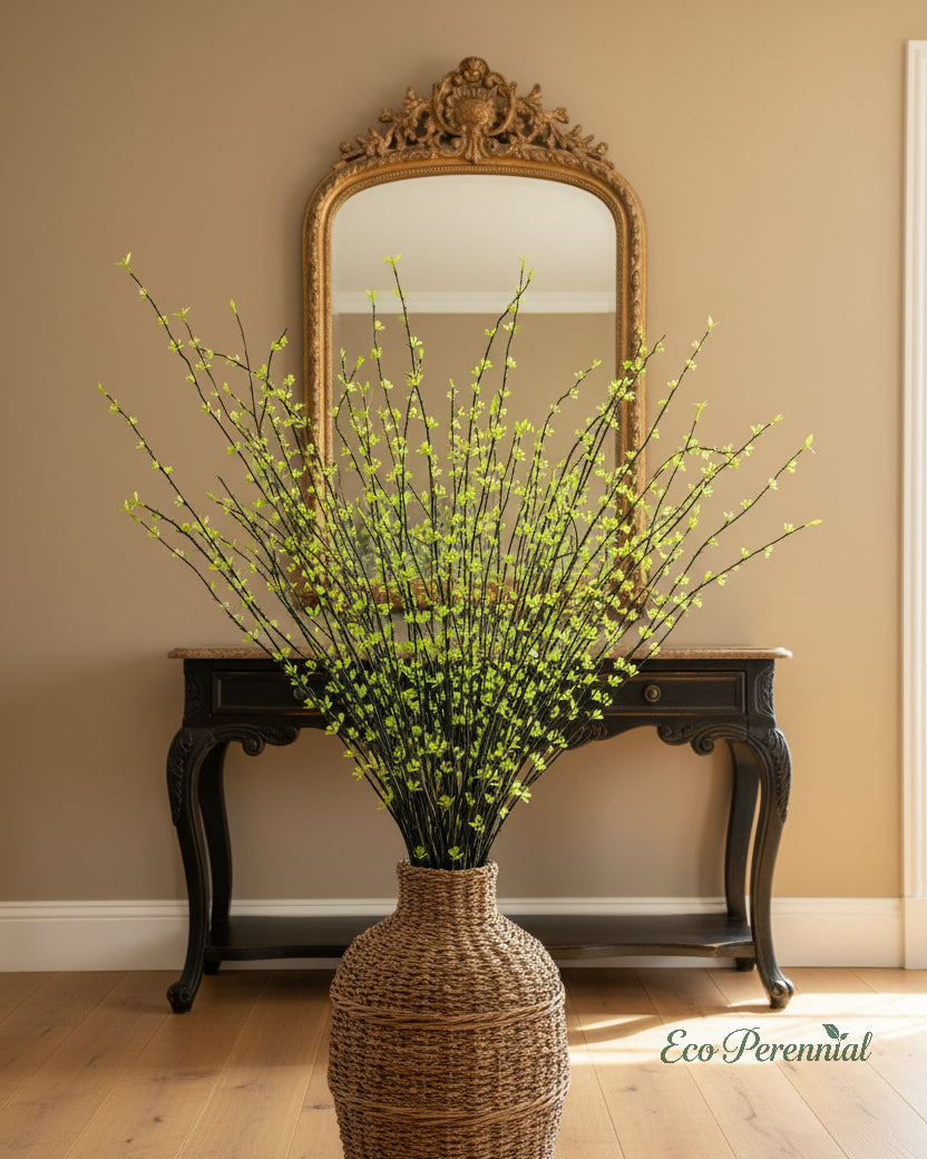 Faux snow willow greenery displayed on an entryway console