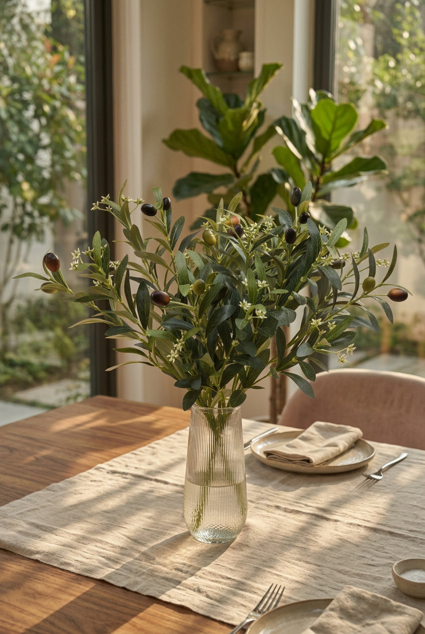 15.7"–18.5" Flowering Faux Olive Branches with White Blossoms | Artificial Greenery | Eco Perennial