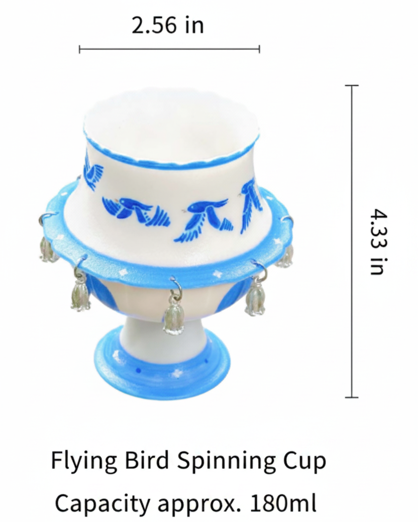 Flying Bird Spinning Ceramic Cup size guide — 2.56 in diameter, 4.33 in height, 180ml capacity