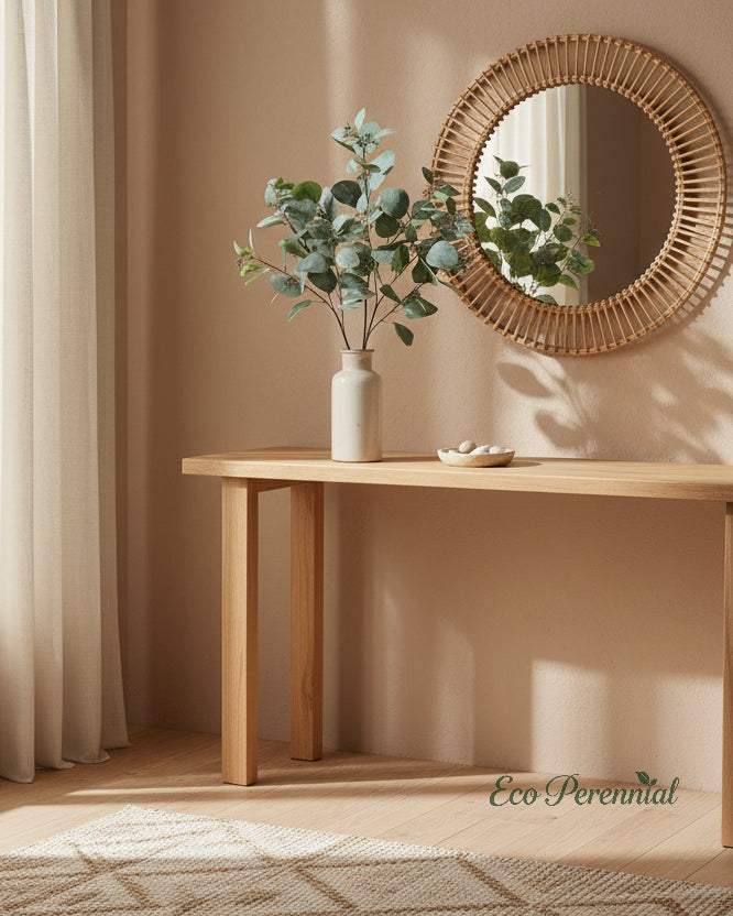 Green faux eucalyptus branches styled in a vase on a bedroom dresser - Eco Perennial