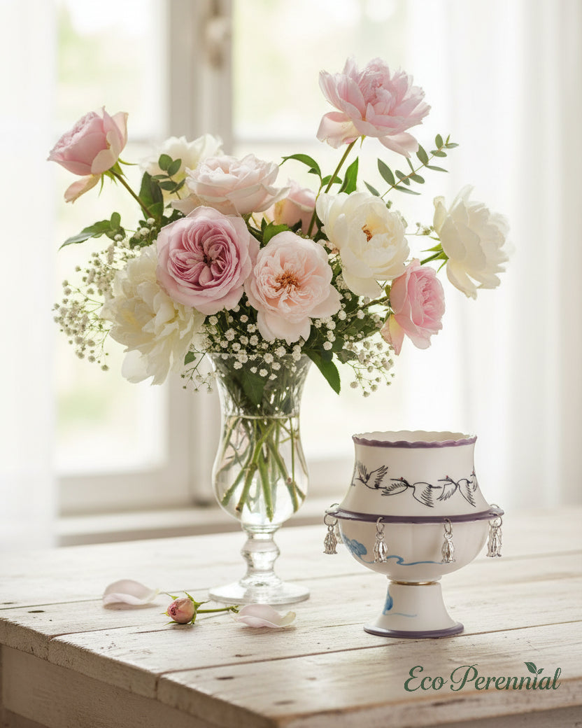 Hand-painted flying crane artwork on white pedestal ceramic teacup