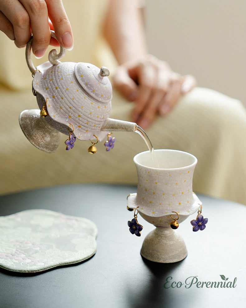 Hand-painted yellow dot accents and daisy details on lavender ceramic teacup — Eco Perennial