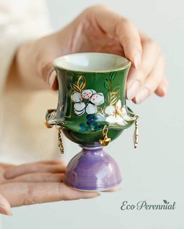 Jasmine hand-painted ceramic tea cup tall pedestal design front view — Eco Perennial