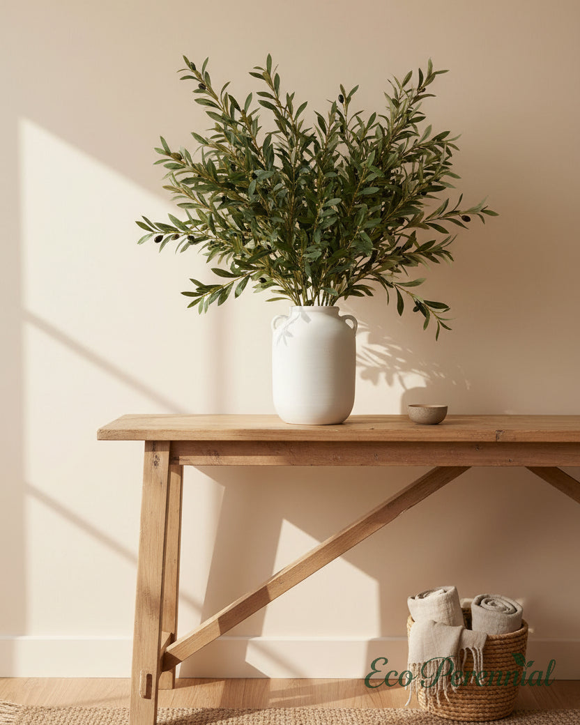 Large artificial olive branch on an elegant entryway console