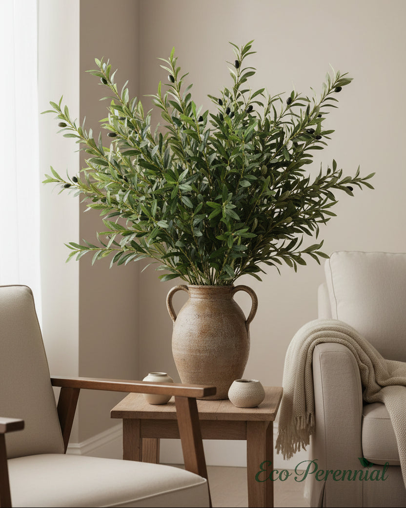 Large faux olive branch in a calm neutral living room corner