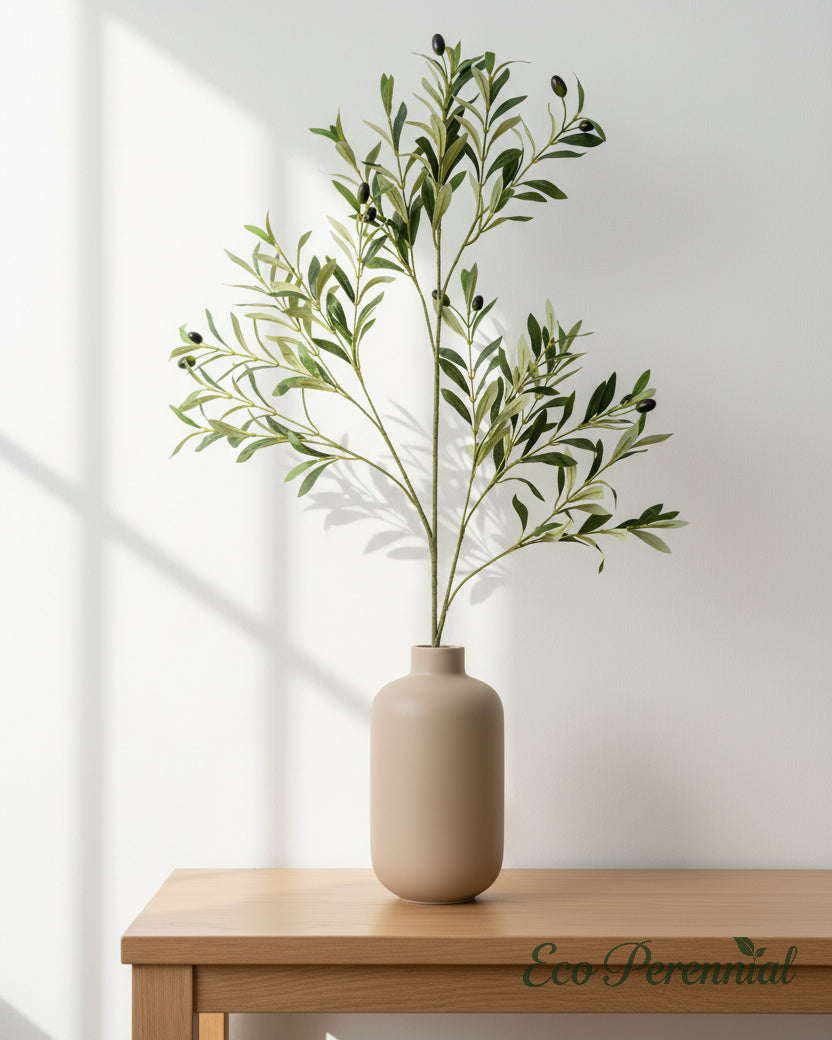 Large faux olive branch styled in an eco-luxury cottagecore interior