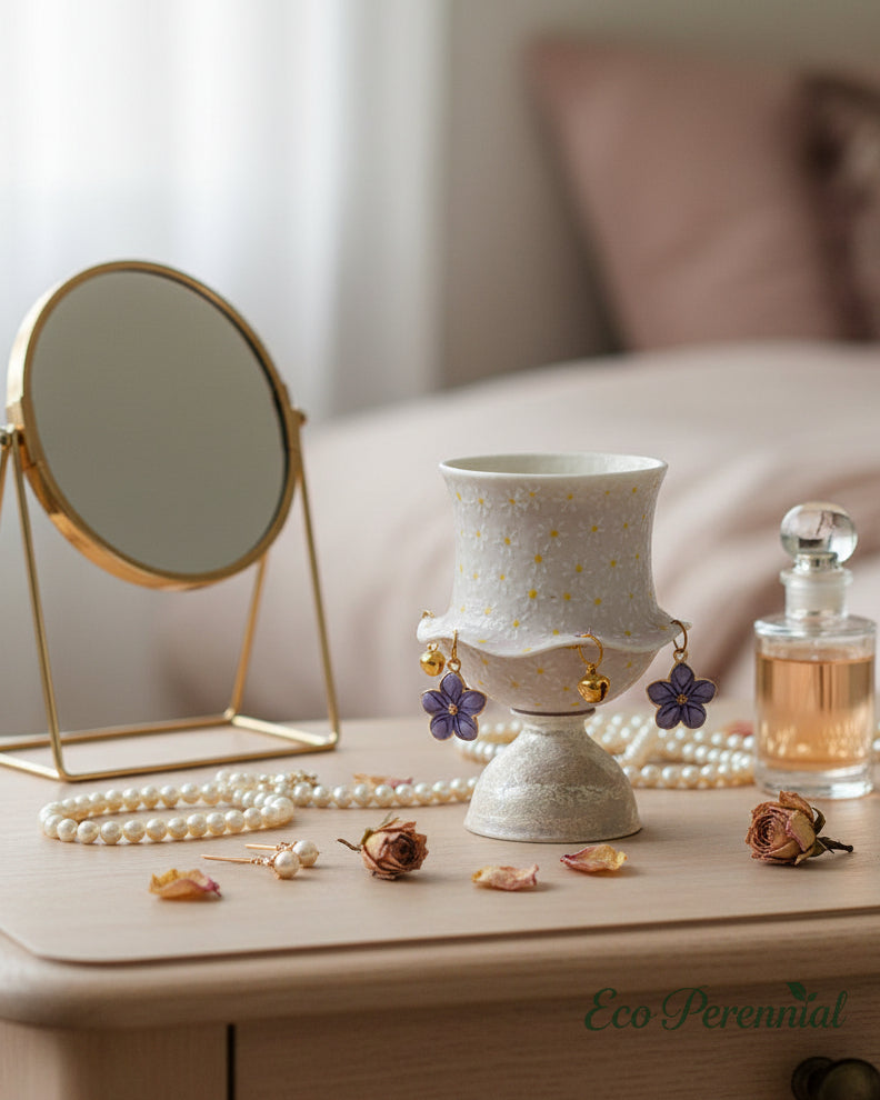 Lavender ceramic tea cup as feminine vanity decor with jewelry and perfume — Eco Perennial