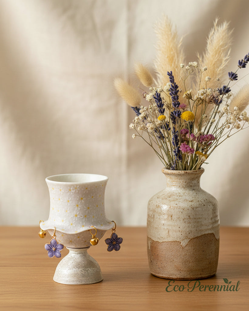 Lavender ceramic tea cup beside dried pampas grass and wildflower vase — Eco Perennial
