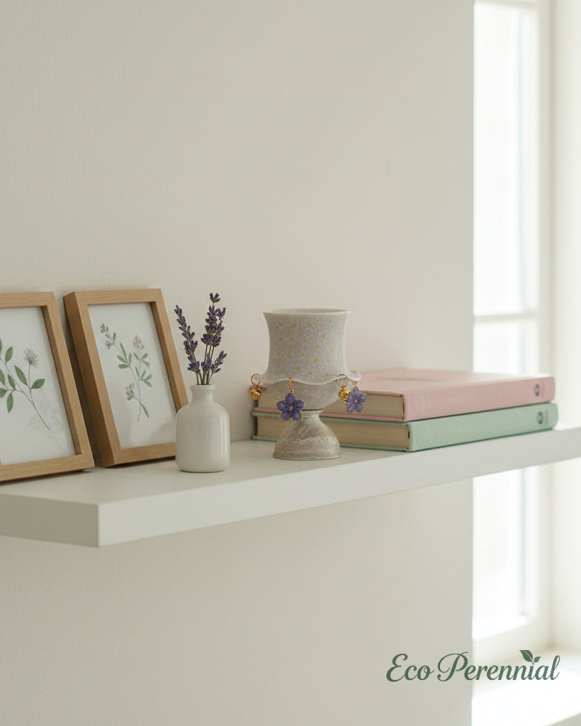 Lavender ceramic tea cup displayed on white shelf with botanical prints and dried flowers — Eco Perennial