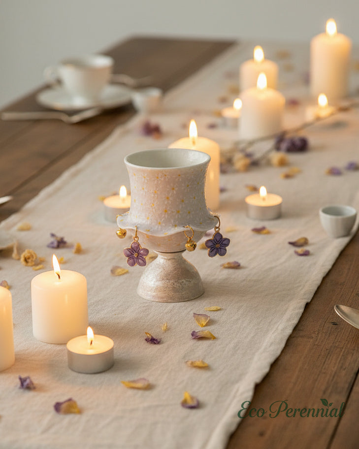 Lavender daisy ceramic tea cup as romantic tablescape centerpiece with candles — Eco Perennial
