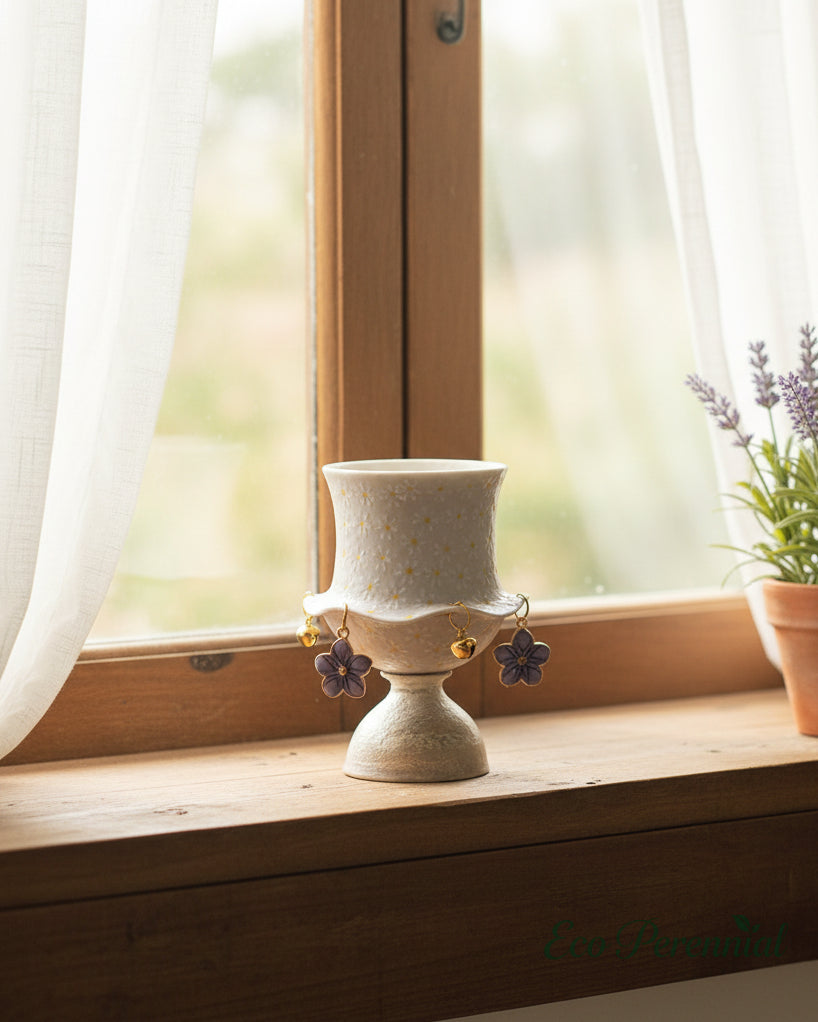 Lavender daisy ceramic tea cup on cottage windowsill with morning light — Eco Perennial
