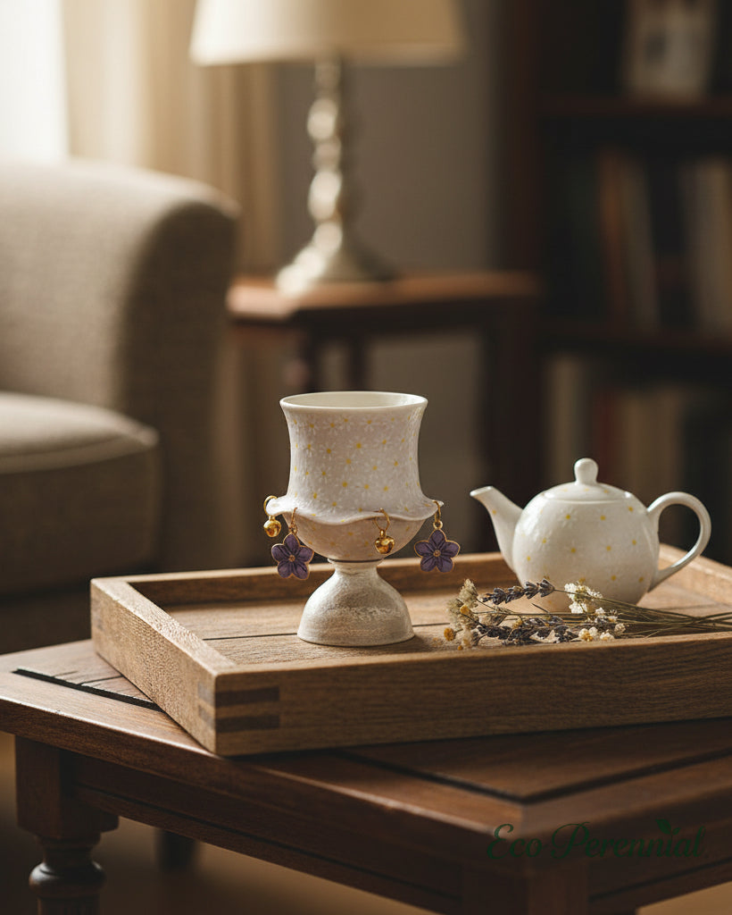 Lavender daisy ceramic tea cup on rustic oak tea tray gongfu tea ceremony — Eco Perennial