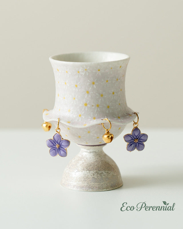 Lavender daisy hand-painted ceramic tea cup ruffled rim front view — Eco Perennial