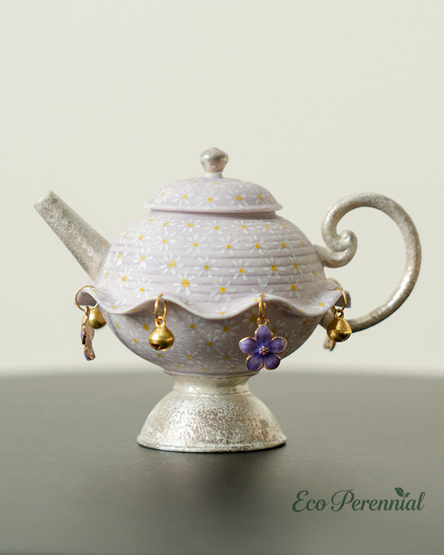 Lavender daisy hand-painted ceramic teapot ruffled rim front view — Eco Perennial