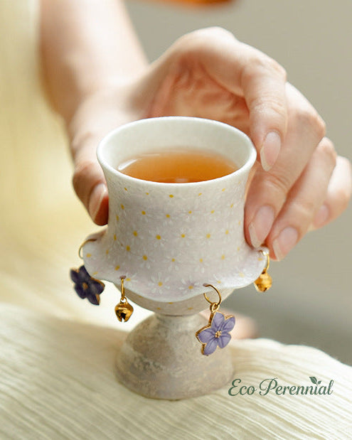 Lavender floral teacup styled on a gongfu tea tray with teapot — Eco Perennial