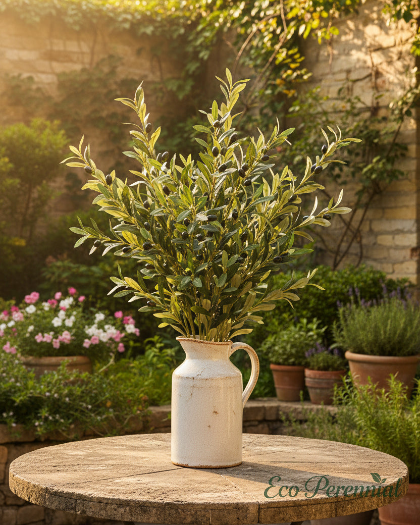 Lifelike faux olive stems in a European garden inspired setting