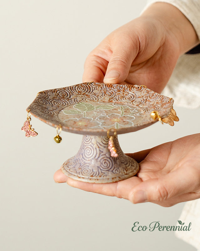 Lilac auspicious cloud hand-painted ceramic pedestal dish front view — Eco Perennial