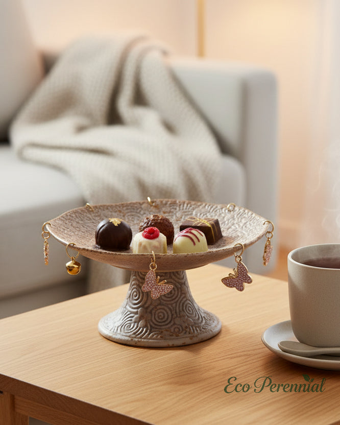 Lilac ceramic pedestal dish styled on tea side table as decorative accent — Eco Perennial