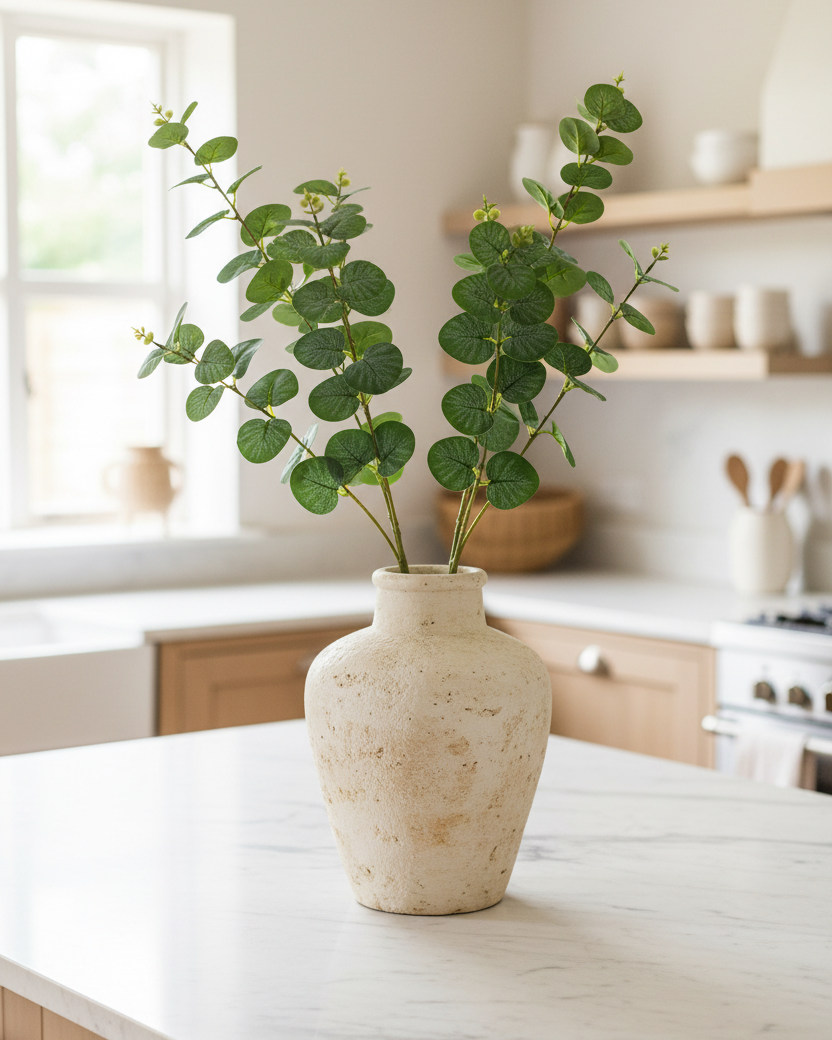 Lush forest green artificial eucalyptus branches arranged on a kitchen island - Eco Perennial