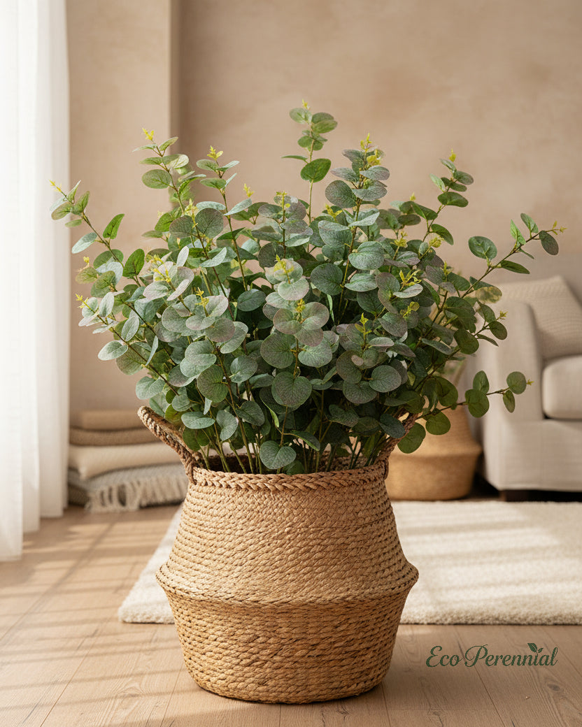 Lush fresh green faux eucalyptus arrangement in a floor rattan basket - Eco Perennial
