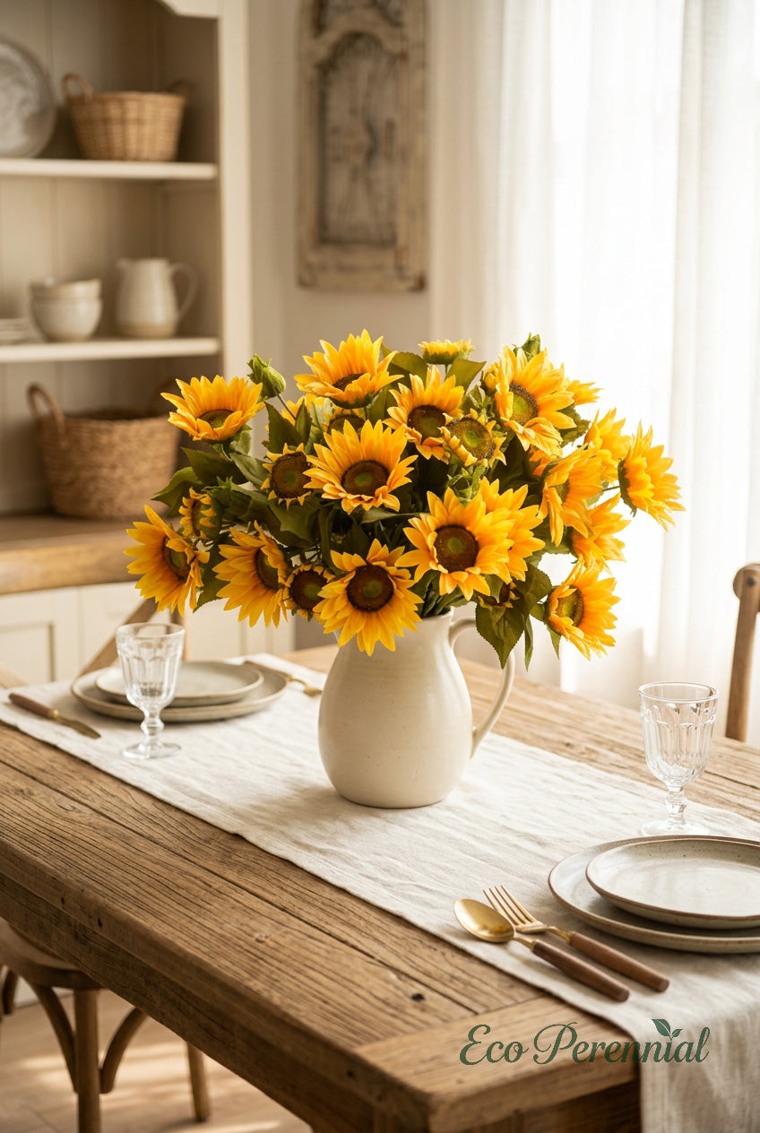 "The Golden Hour" | 13-Head Real Touch Sunflower Bunch - Faux Sunflower Stem | Artificial Floral Arrangement | Eco Perennial
