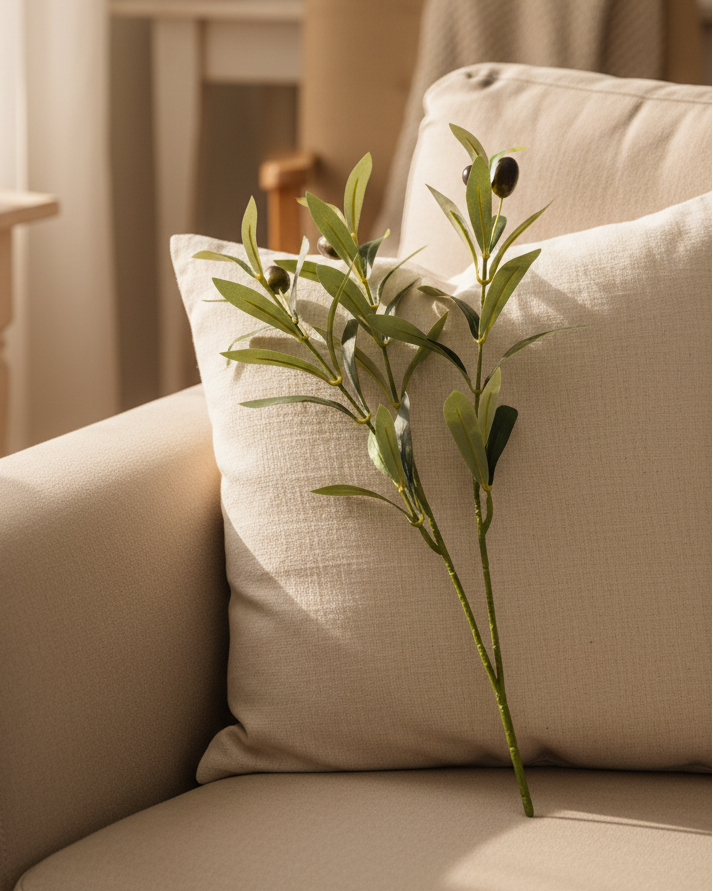 Medium faux olive branches styled on linen pillow by Eco Perennial