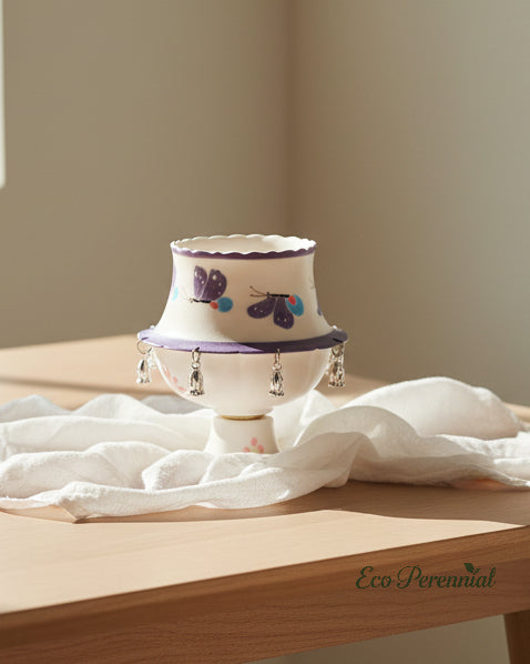 Minimalist styling of the purple butterfly rotating teacup on a light wood dining table - Eco Perennial