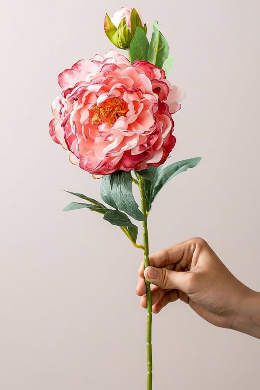 French Burnt-Edge Peony Faux Flower Stem | Realistic Silk Artificial Peony | Eco Perennial Coral Red | Artificial Flower Stem | Eco Perennial
