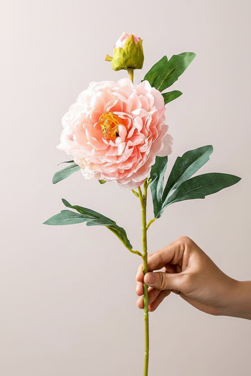 French Burnt-Edge Peony Faux Flower Stem | Realistic Silk Artificial Peony | Eco Perennial Blush Pink | Artificial Flower Stem | Eco Perennial