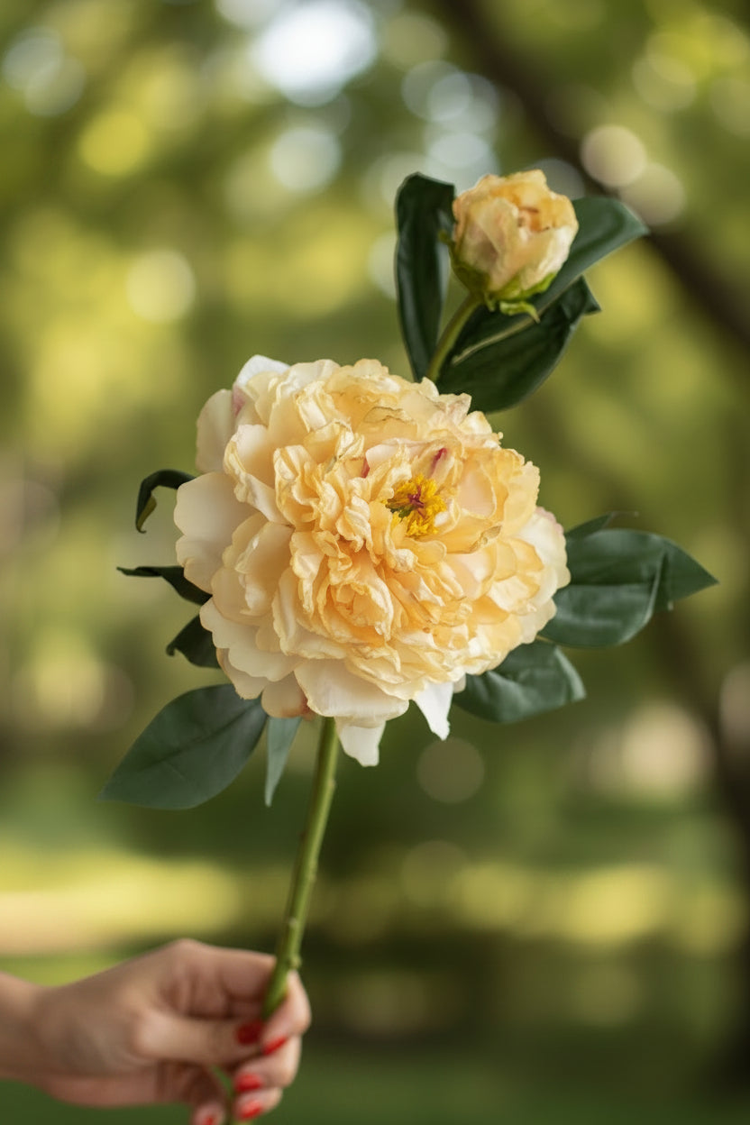 French Burnt-Edge Peony Faux Flower Stem | Realistic Silk Artificial Peony | Eco Perennial Butter Yellow | Artificial Flower Stem | Eco Perennial