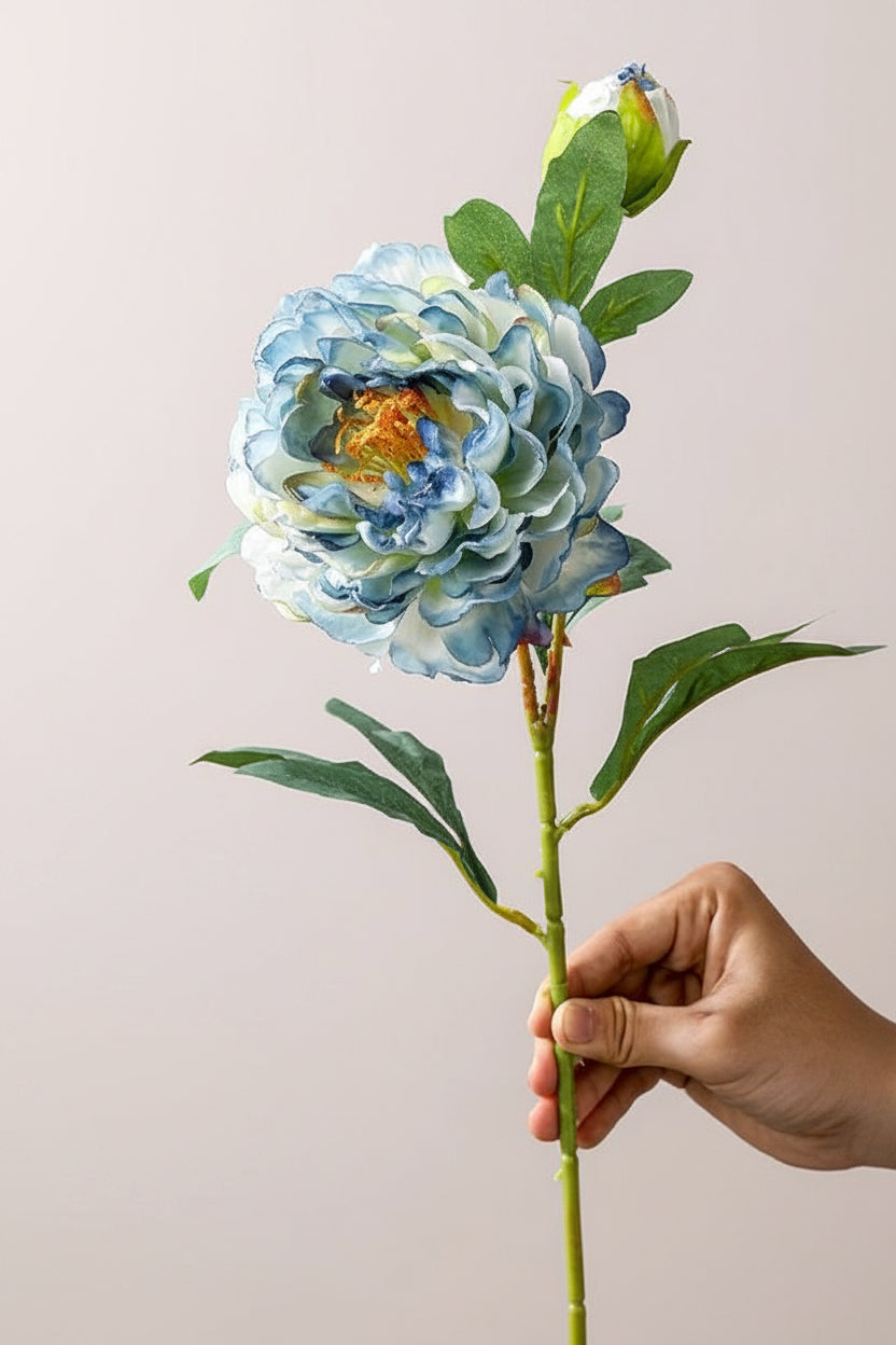 French Burnt-Edge Peony Faux Flower Stem | Realistic Silk Artificial Peony | Eco Perennial Dusty Blue | Artificial Flower Stem | Eco Perennial