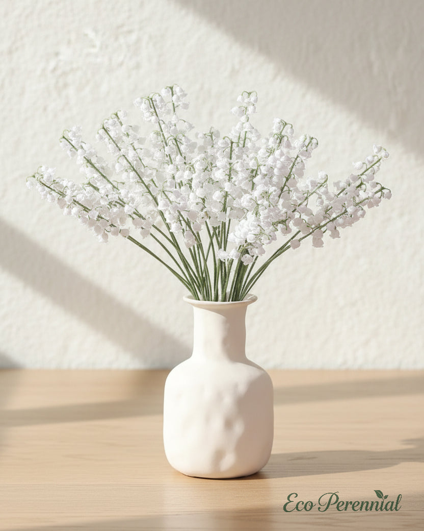 Petite pure white faux lily of the valley hero tabletop centerpiece - Eco Perennial