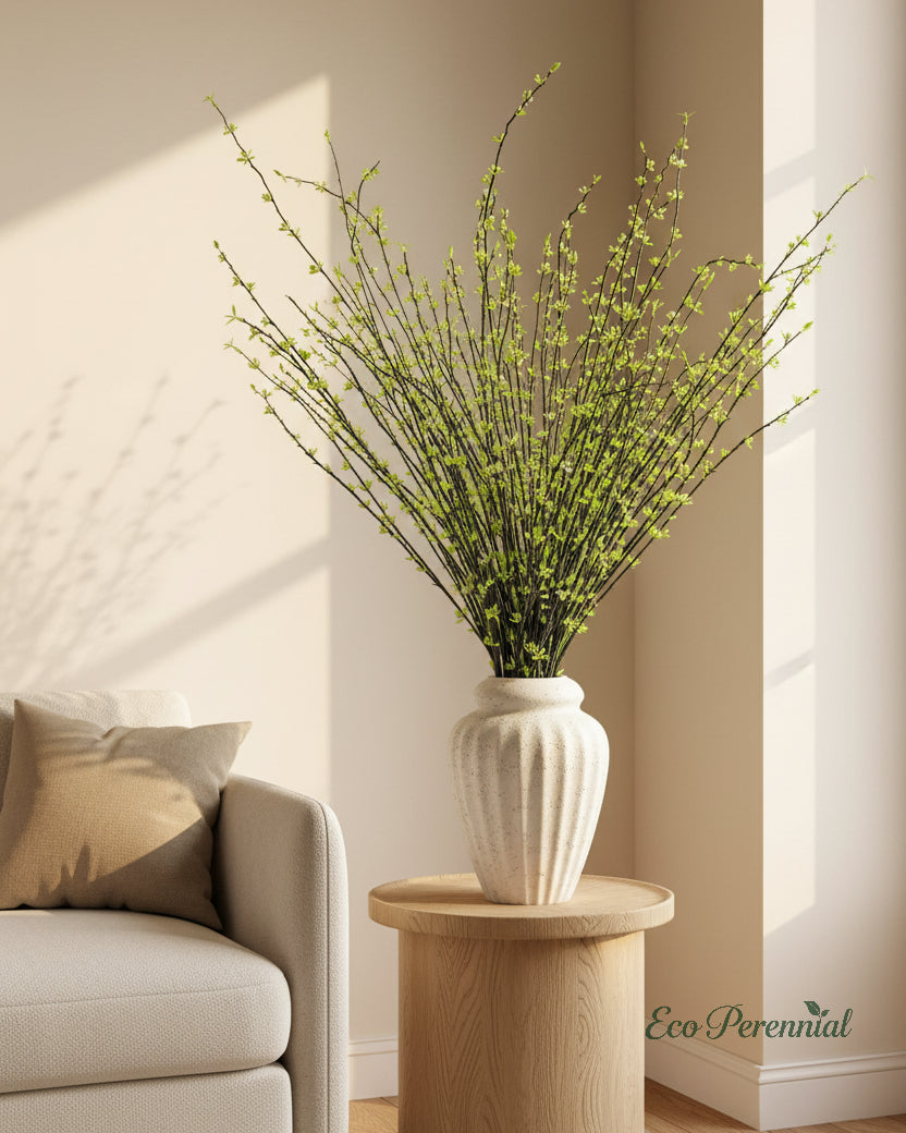 Realistic artificial snow willow branch styled in a ceramic vase