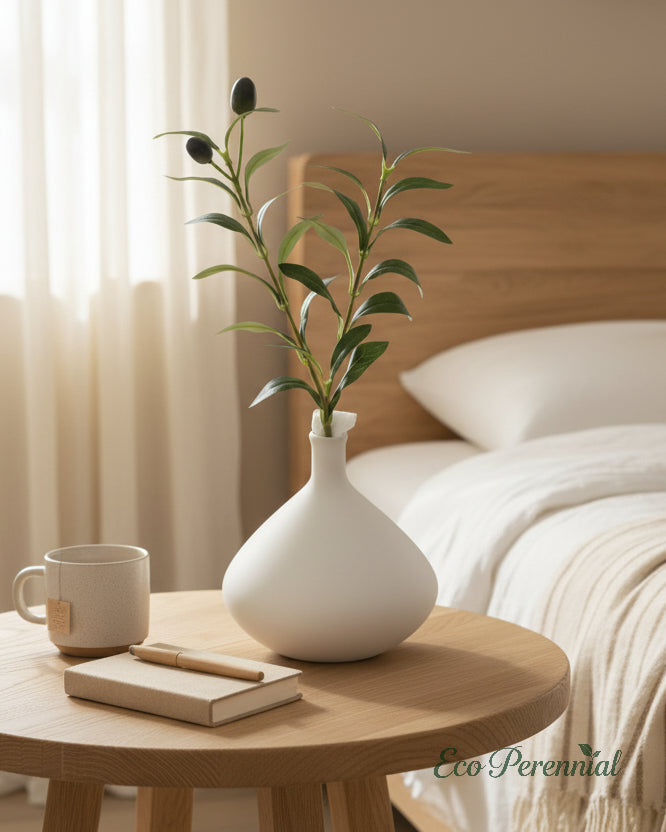 Realistic faux olive branches styling in bedroom by Eco Perennial