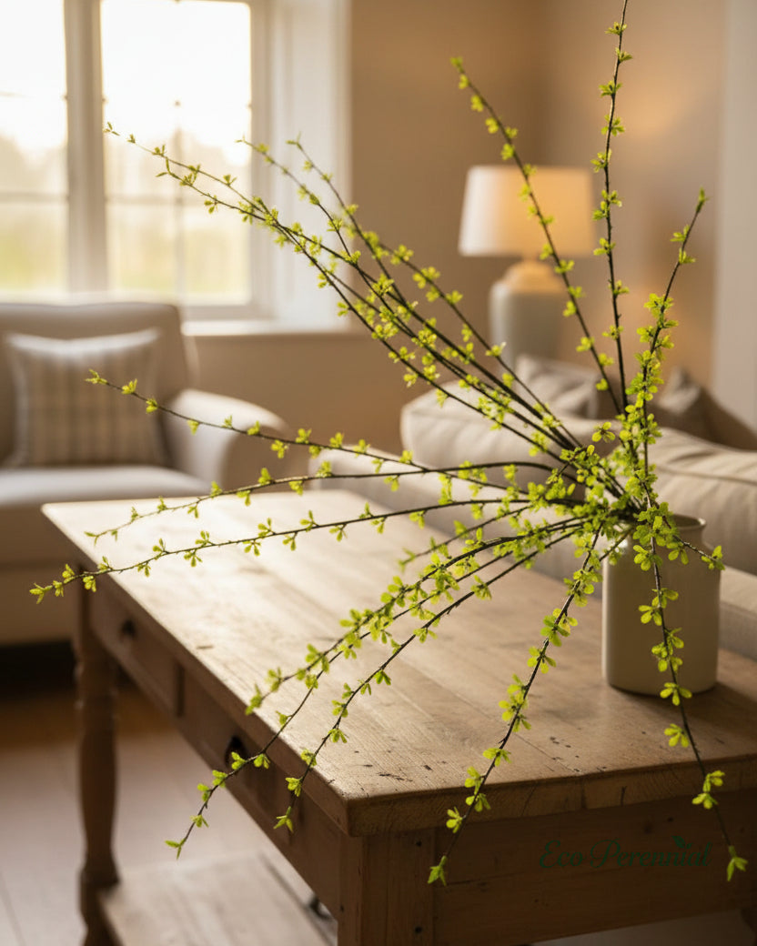 Realistic faux willow greenery in a natural rattan vase
