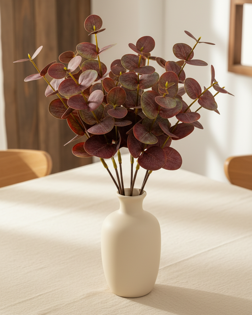 Red artificial eucalyptus stems arranged on a living room coffee table - Eco Perennial