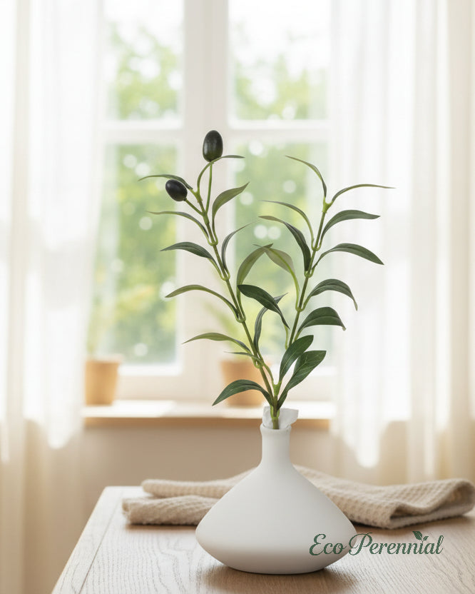 Short 11.8 inch faux olive stems in bathroom setting by Eco Perennial