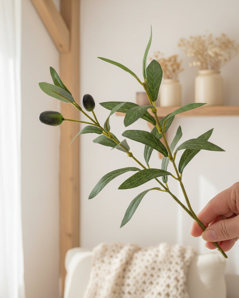 Short faux olive branch 11.8 inch tabletop stem by Eco Perennial