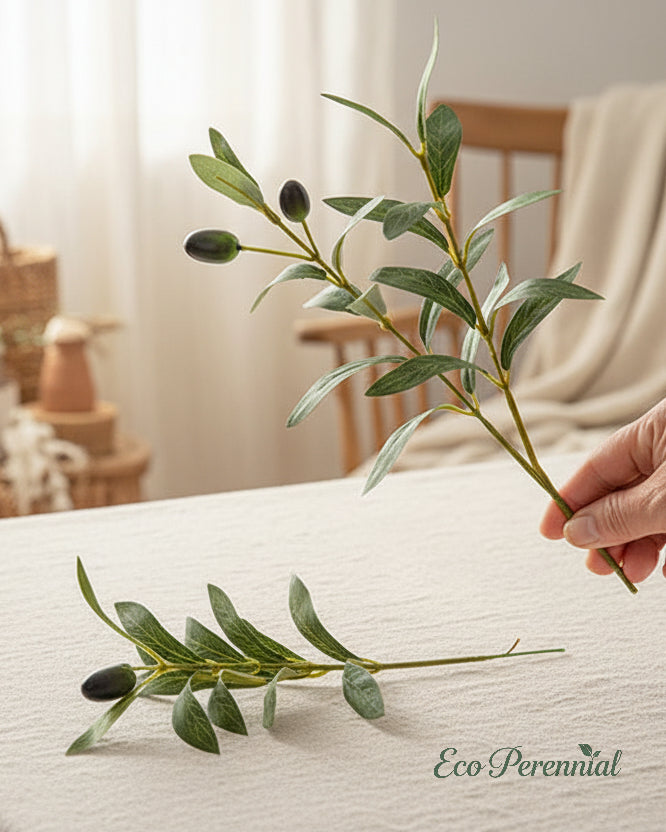 Short faux olive greenery on entryway console by Eco Perennial